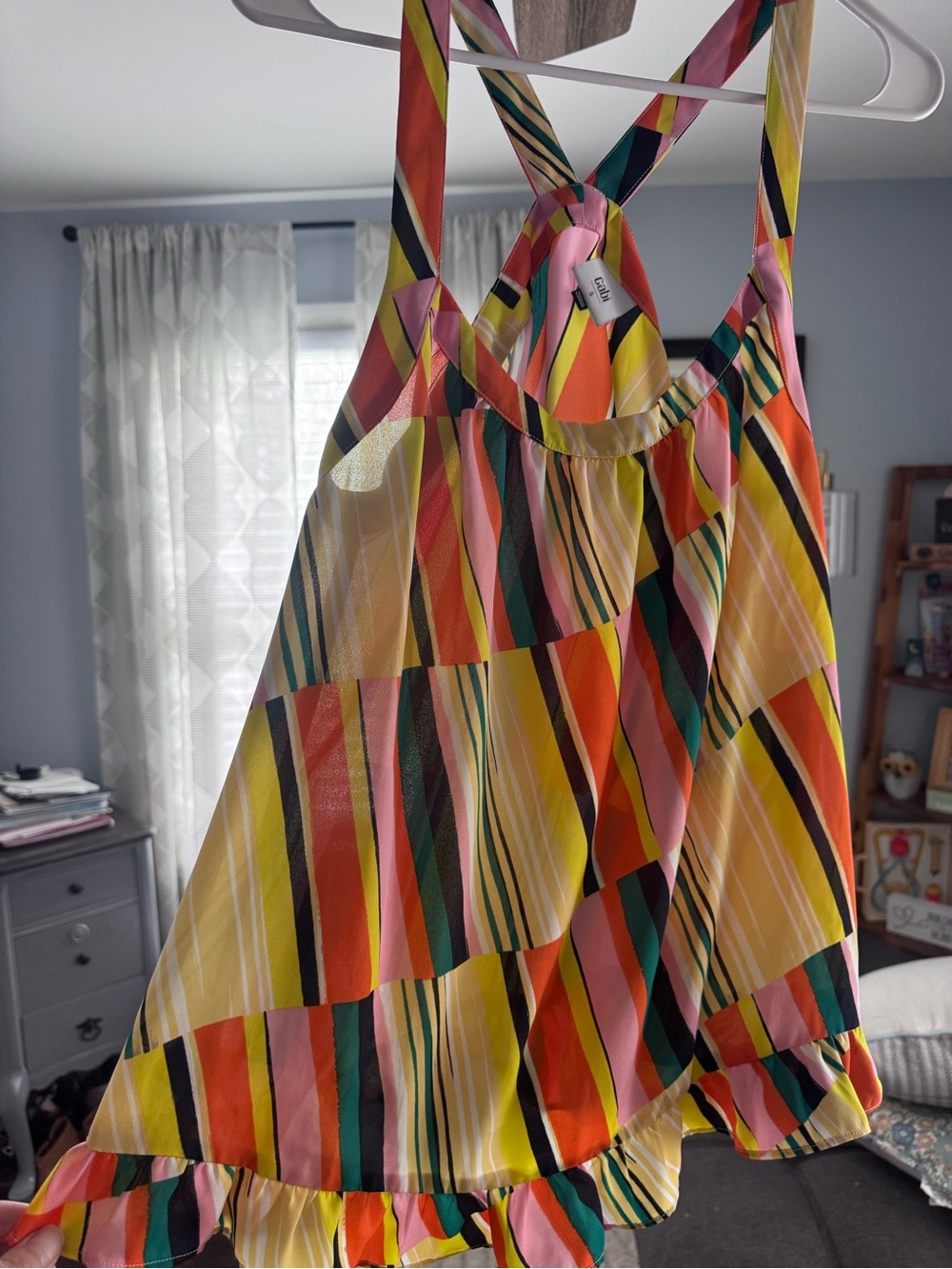 CAbi Multicolor Striped Ruffle Tank — Yellow, Pink, Orange, Green, Black